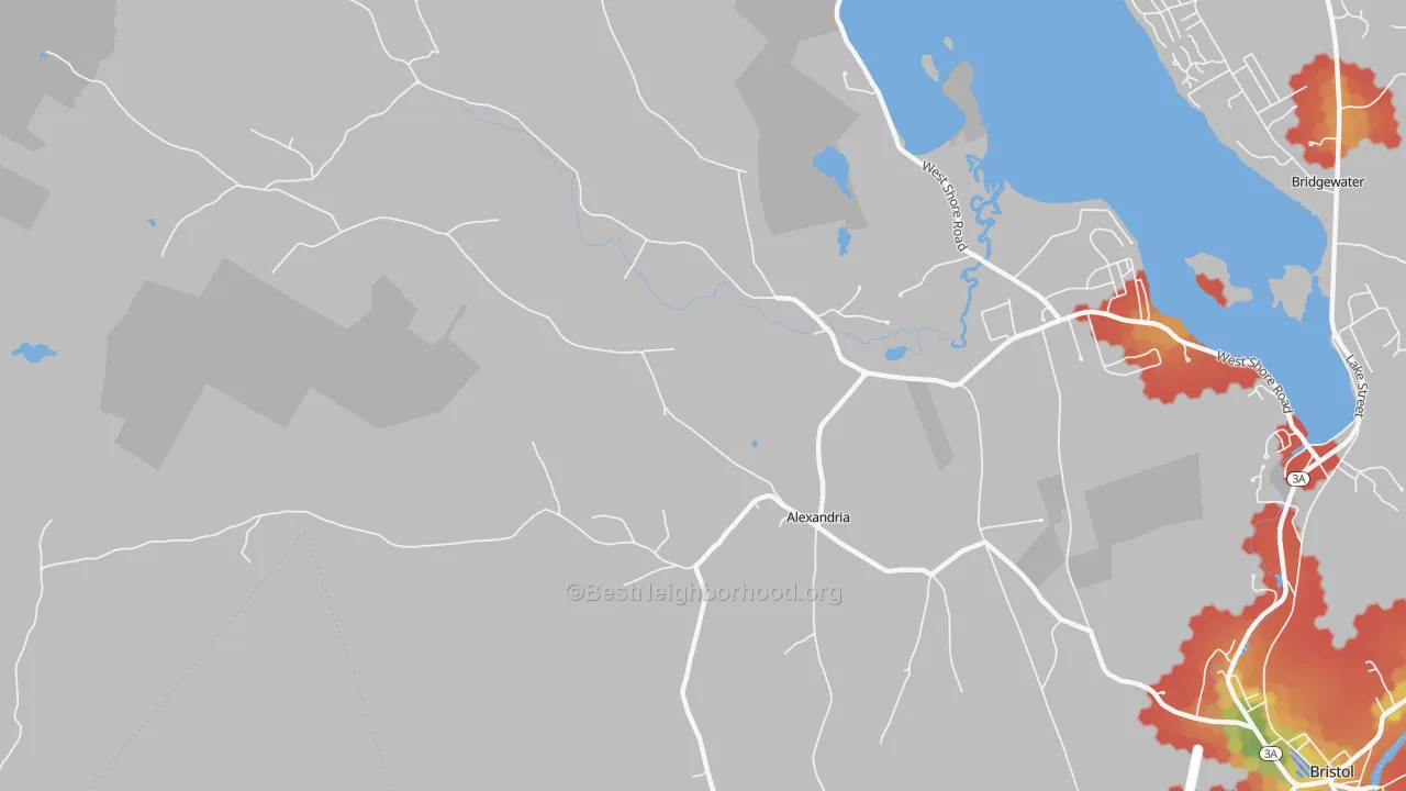 Walk Grade map of Alexandria, NH, walkable areas in green and car-dependent areas in red