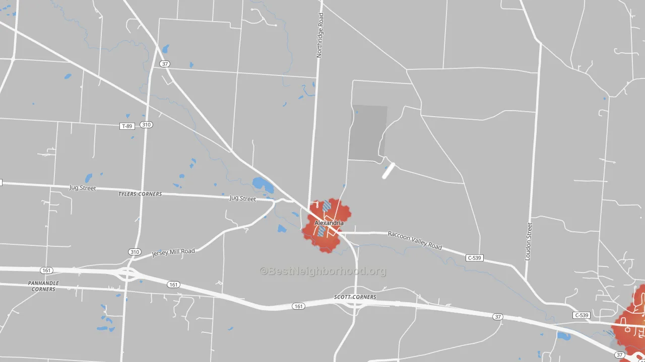 Walk Grade map of Alexandria, OH, walkable areas in green and car-dependent areas in red