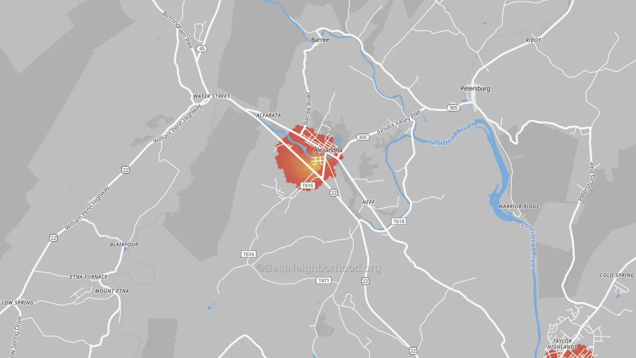 Walk Grade map of Alexandria, PA, walkable areas in green and car-dependent areas in red