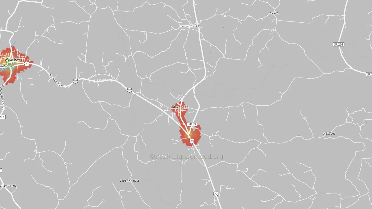 Walk Grade map of Alexandria, TN, walkable areas in green and car-dependent areas in red