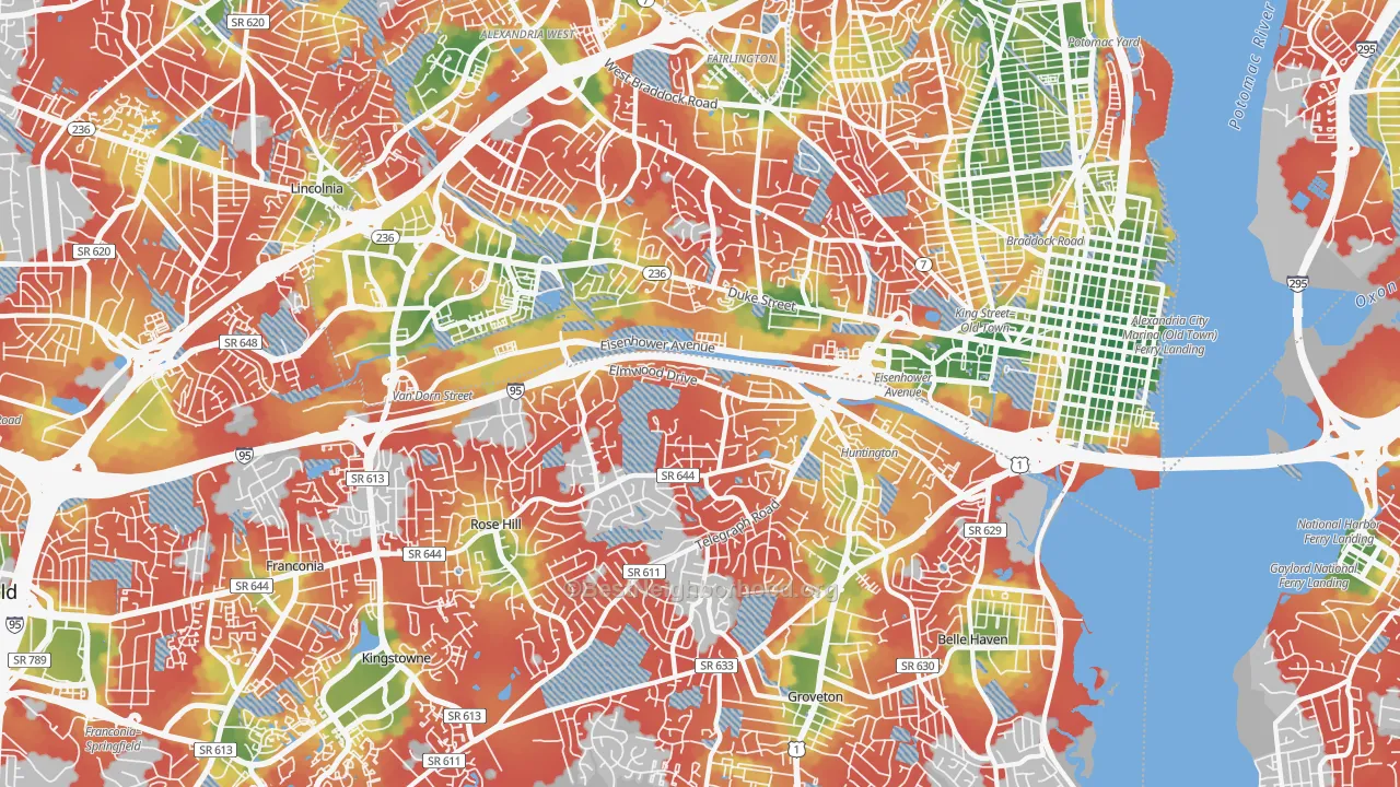 Walk Grade map of Alexandria, VA, walkable areas in green and car-dependent areas in red