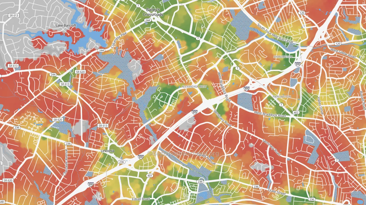 Walk Grade map of Alexandria Wrest, Alexandria, VA, walkable areas in green and car-dependent areas in red