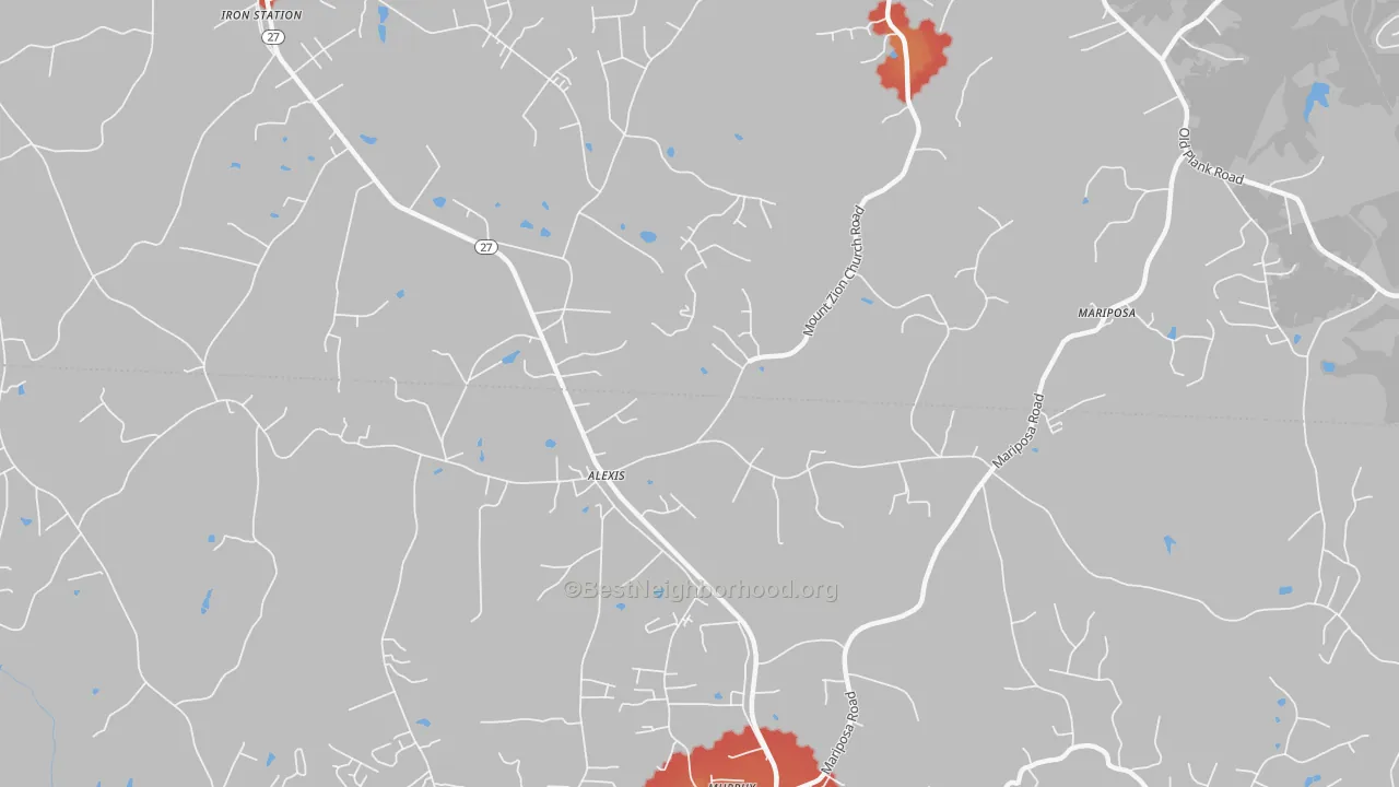 Walk Grade map of Alexis, NC, walkable areas in green and car-dependent areas in red