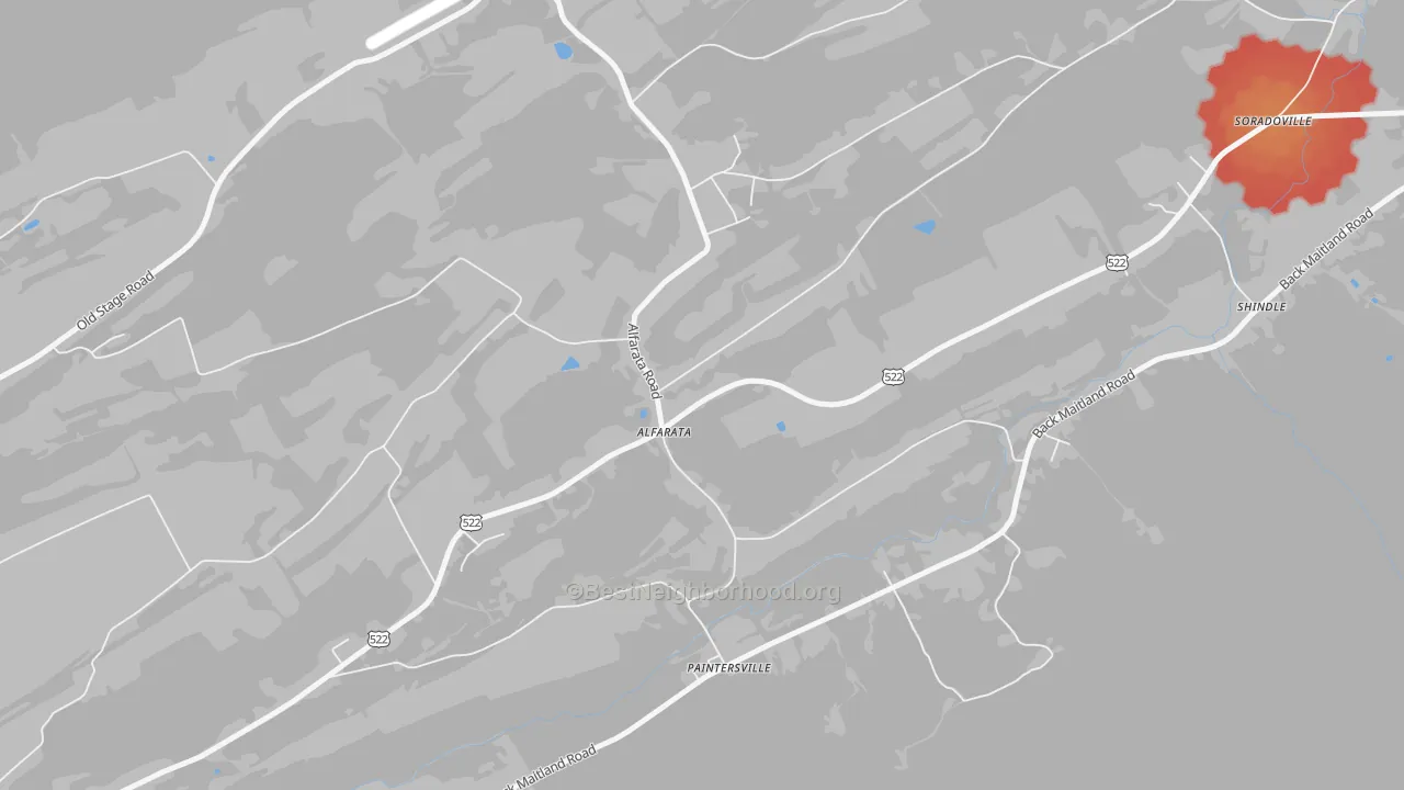 Walk Grade map of Alfarata, PA, walkable areas in green and car-dependent areas in red