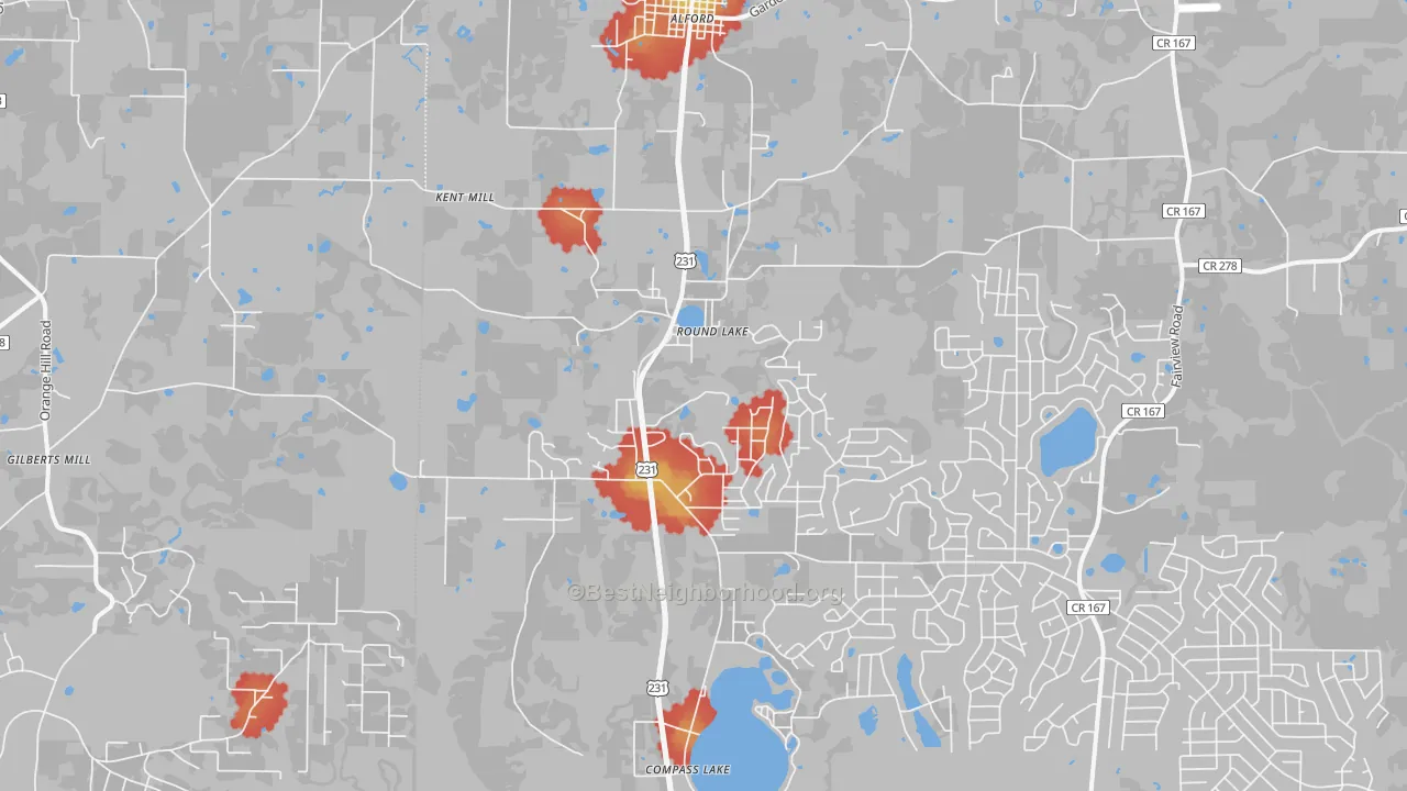 Walk Grade map of Alford, FL, walkable areas in green and car-dependent areas in red