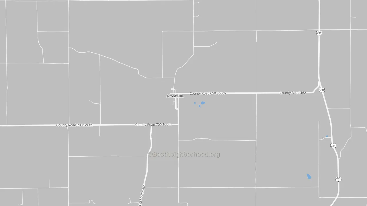 Walk Grade map of Alfordsville, IN, walkable areas in green and car-dependent areas in red