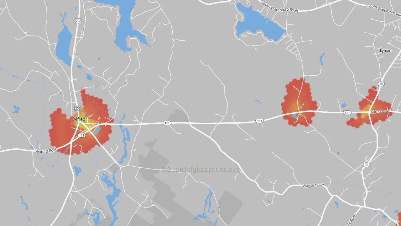 Walk Grade map of Alfred Mills, ME, walkable areas in green and car-dependent areas in red
