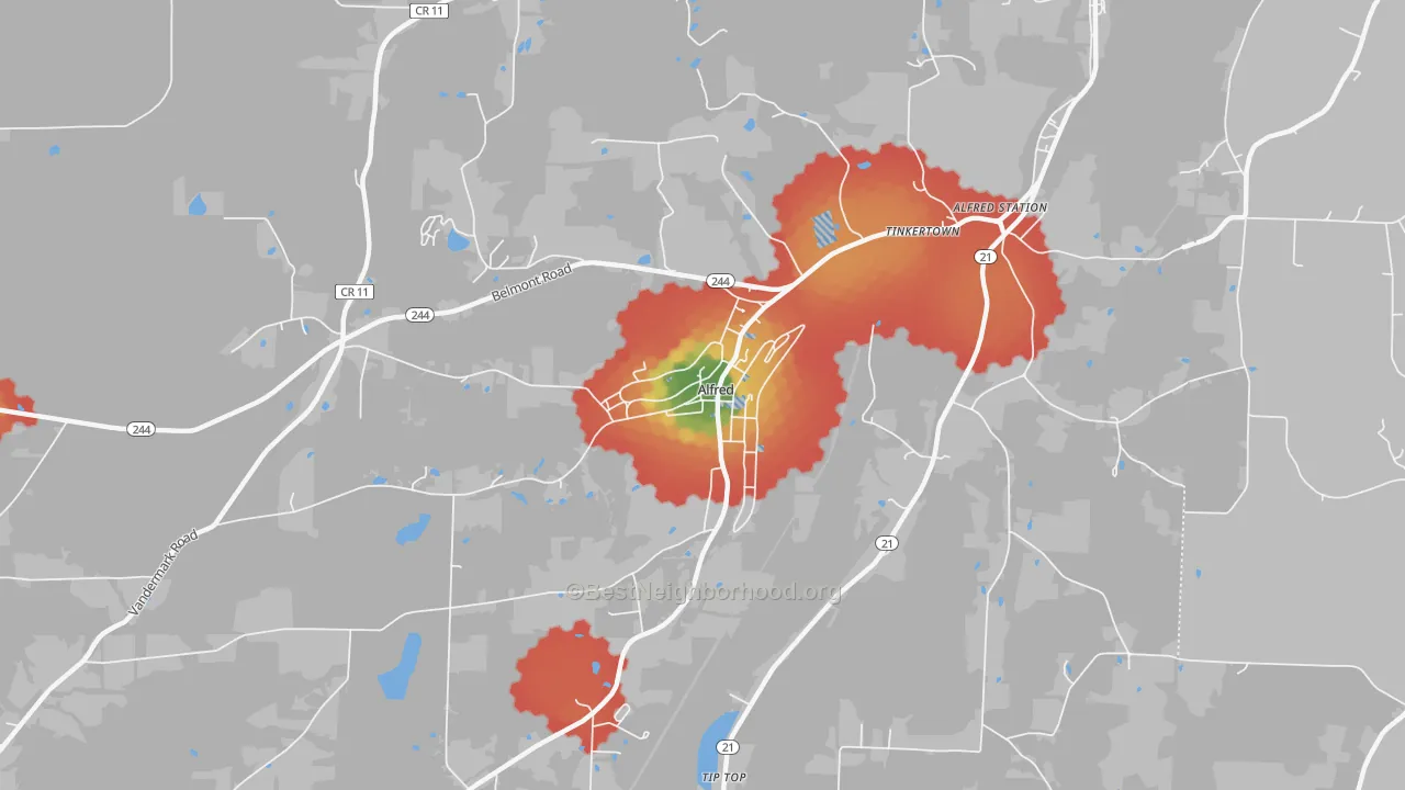 Walk Grade map of Alfred, NY, walkable areas in green and car-dependent areas in red