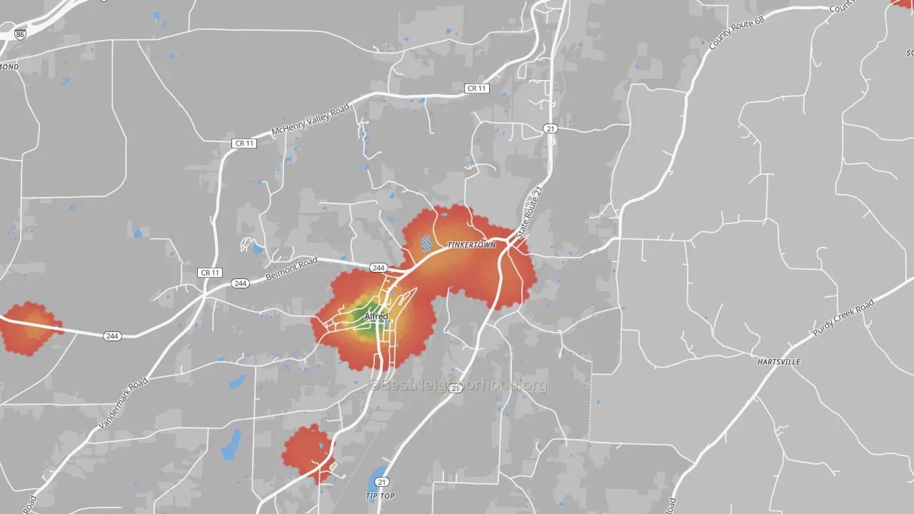 Walk Grade map of Alfred Station, NY, walkable areas in green and car-dependent areas in red