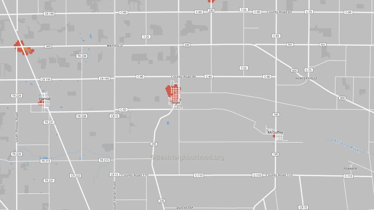 Walk Grade map of Alger, OH, walkable areas in green and car-dependent areas in red
