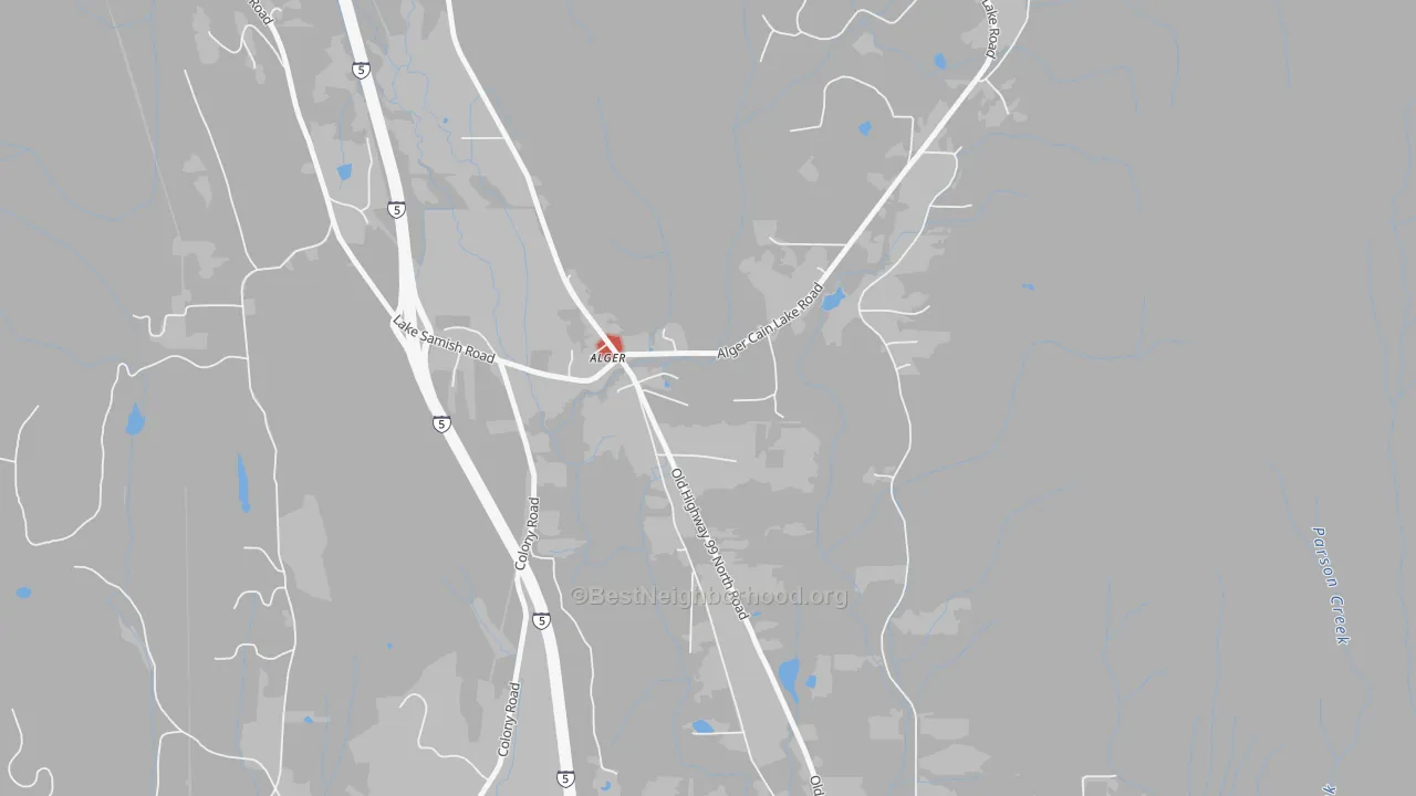 Walk Grade map of Alger, WA, walkable areas in green and car-dependent areas in red