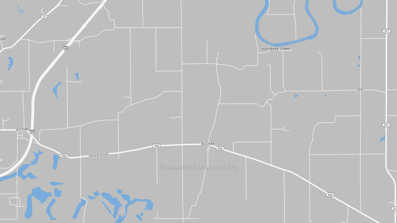 Walk Grade map of Algiers, IN, walkable areas in green and car-dependent areas in red