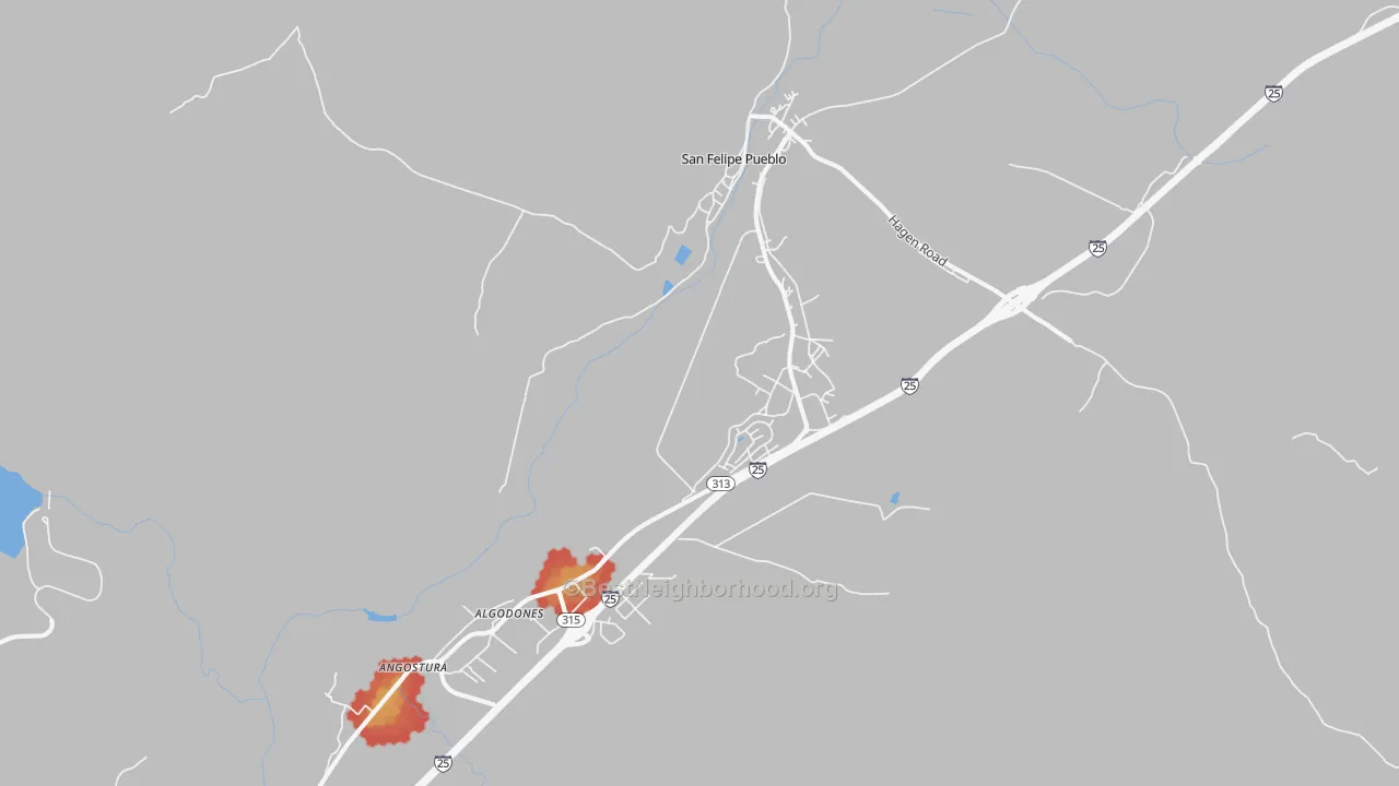 Walk Grade map of Algodones, NM, walkable areas in green and car-dependent areas in red