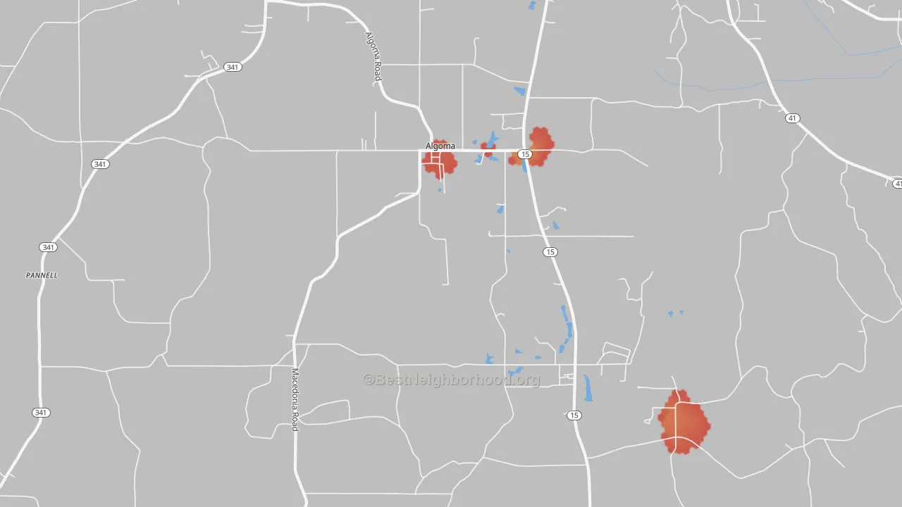 Walk Grade map of Algoma, MS, walkable areas in green and car-dependent areas in red