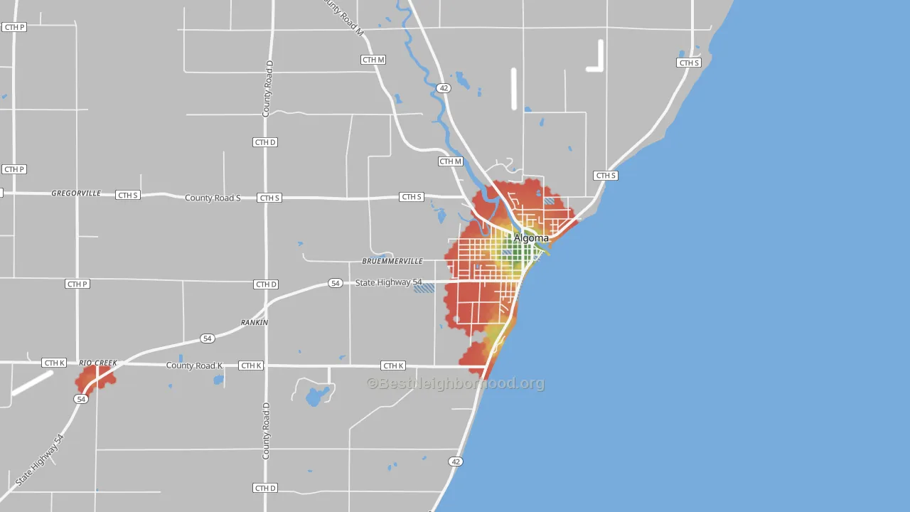 Walk Grade map of Algoma, WI, walkable areas in green and car-dependent areas in red