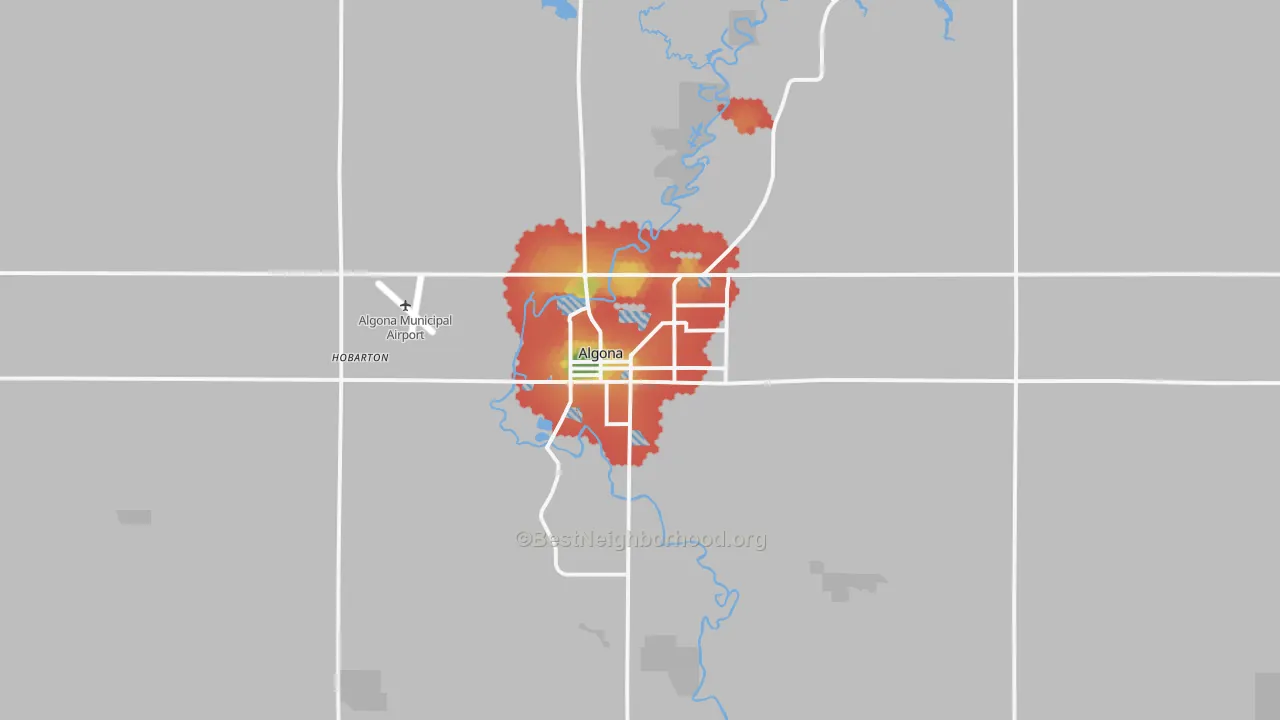 Walk Grade map of Algona, IA, walkable areas in green and car-dependent areas in red