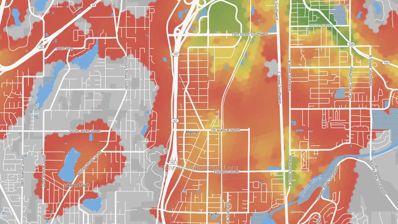 Walk Grade map of Algona, WA, walkable areas in green and car-dependent areas in red