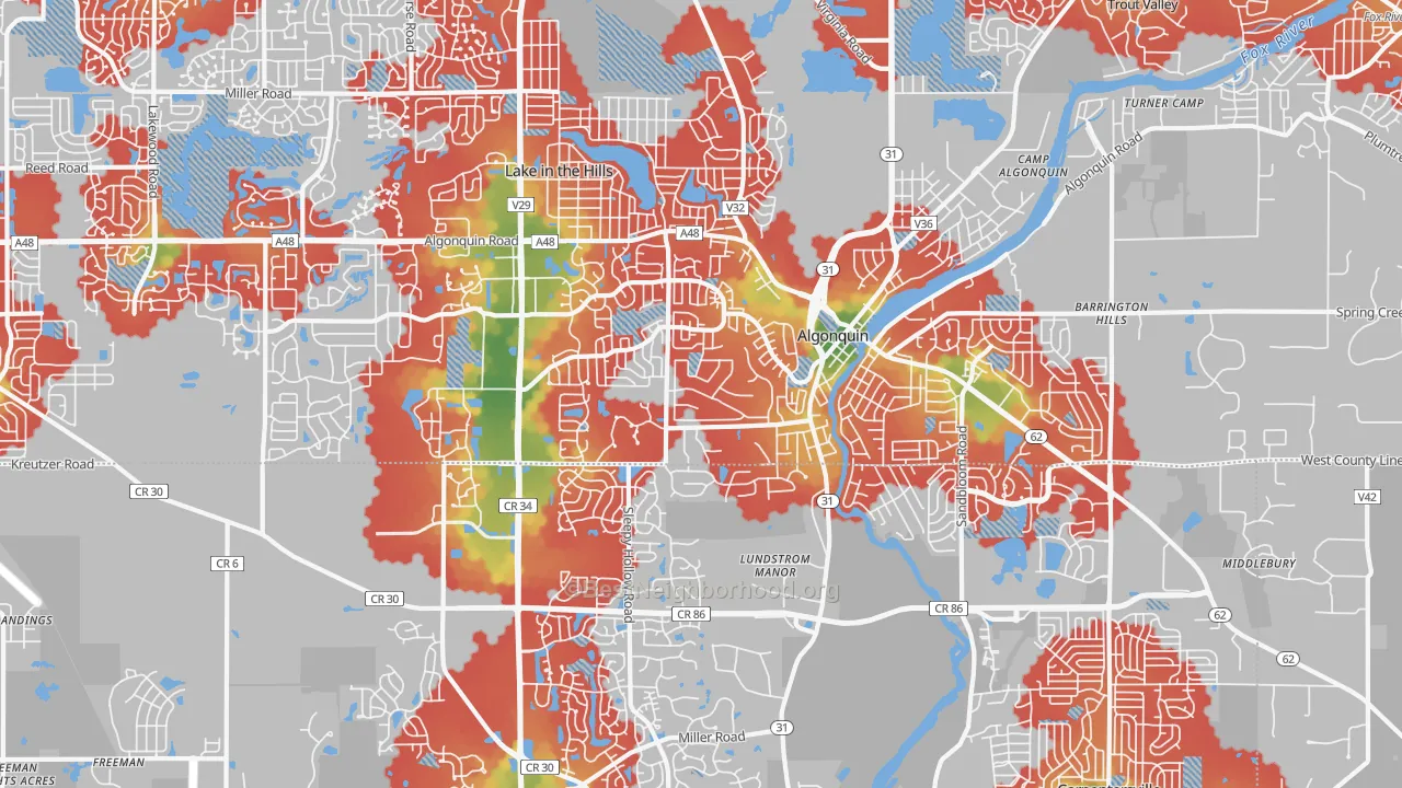 Walk Grade map of Algonquin, IL, walkable areas in green and car-dependent areas in red