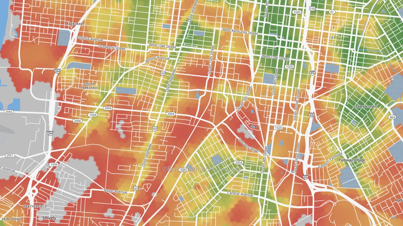 Walk Grade map of Algonquin, Louisville, KY, walkable areas in green and car-dependent areas in red