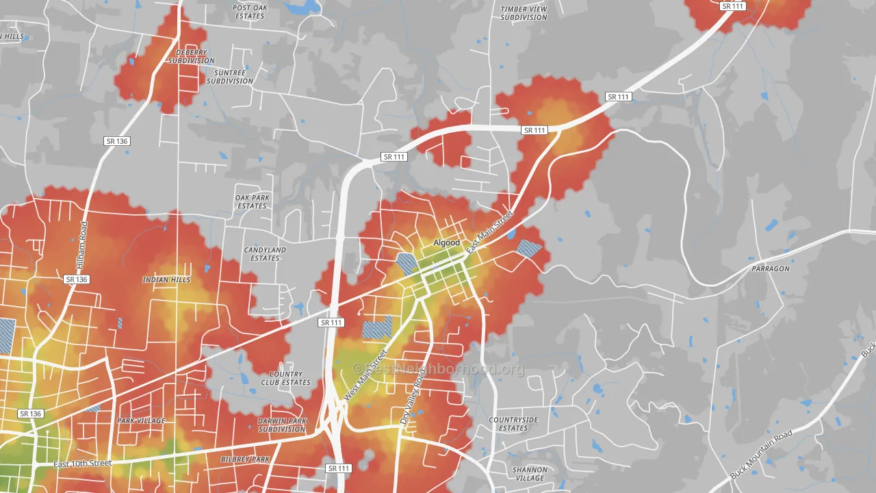Walk Grade map of Algood, TN, walkable areas in green and car-dependent areas in red