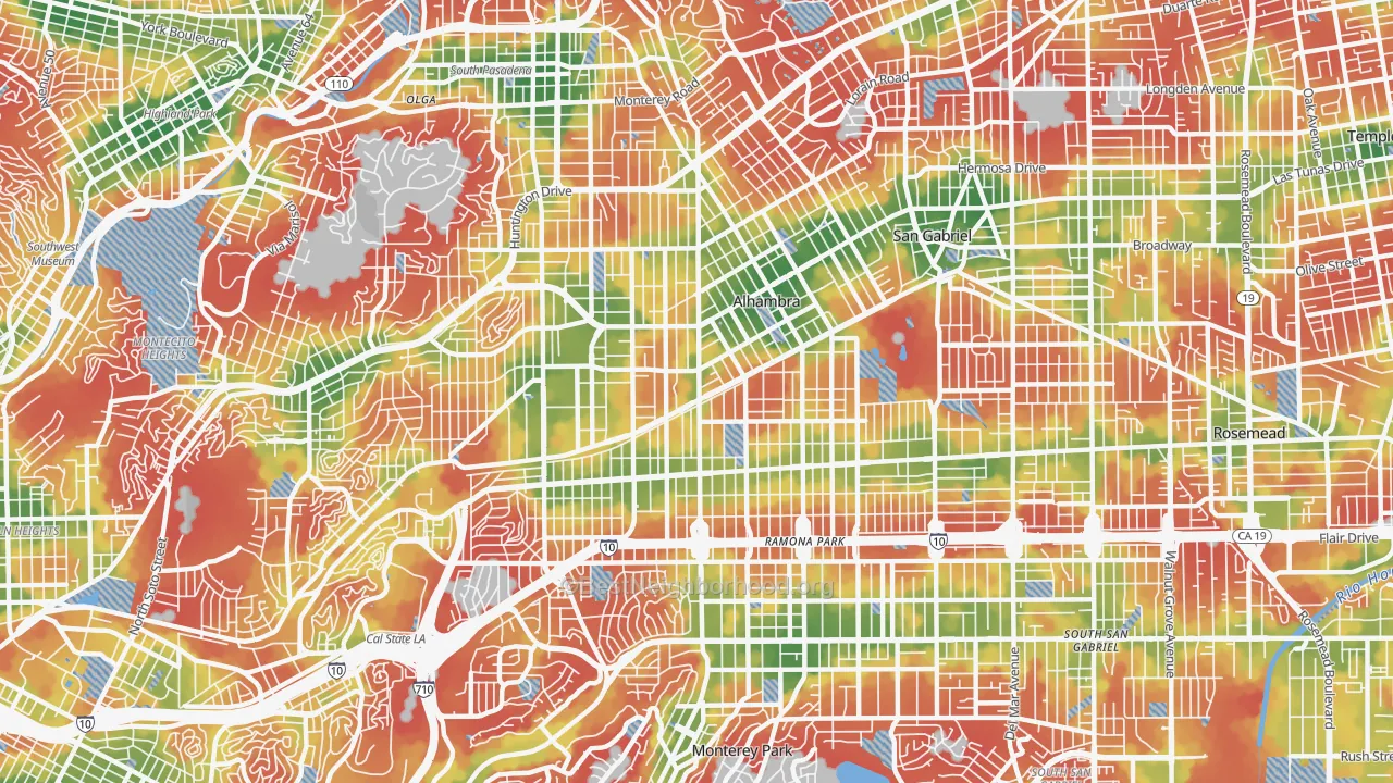 Walk Grade map of Alhambra, CA, walkable areas in green and car-dependent areas in red