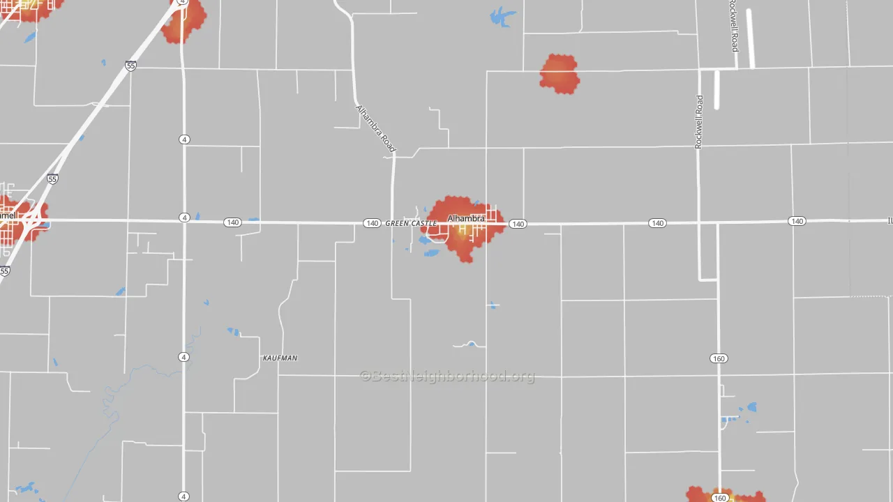 Walk Grade map of Alhambra, IL, walkable areas in green and car-dependent areas in red