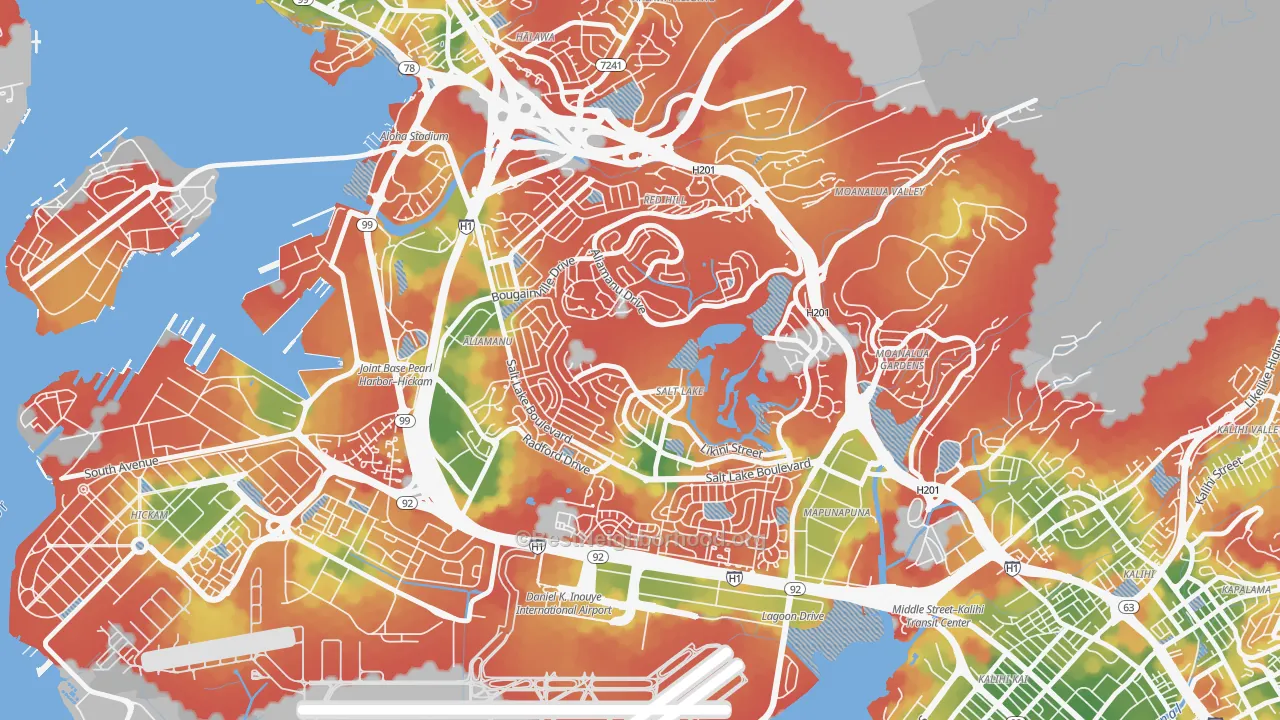 Walk Grade map of Aliamanu, Honolulu, HI, walkable areas in green and car-dependent areas in red