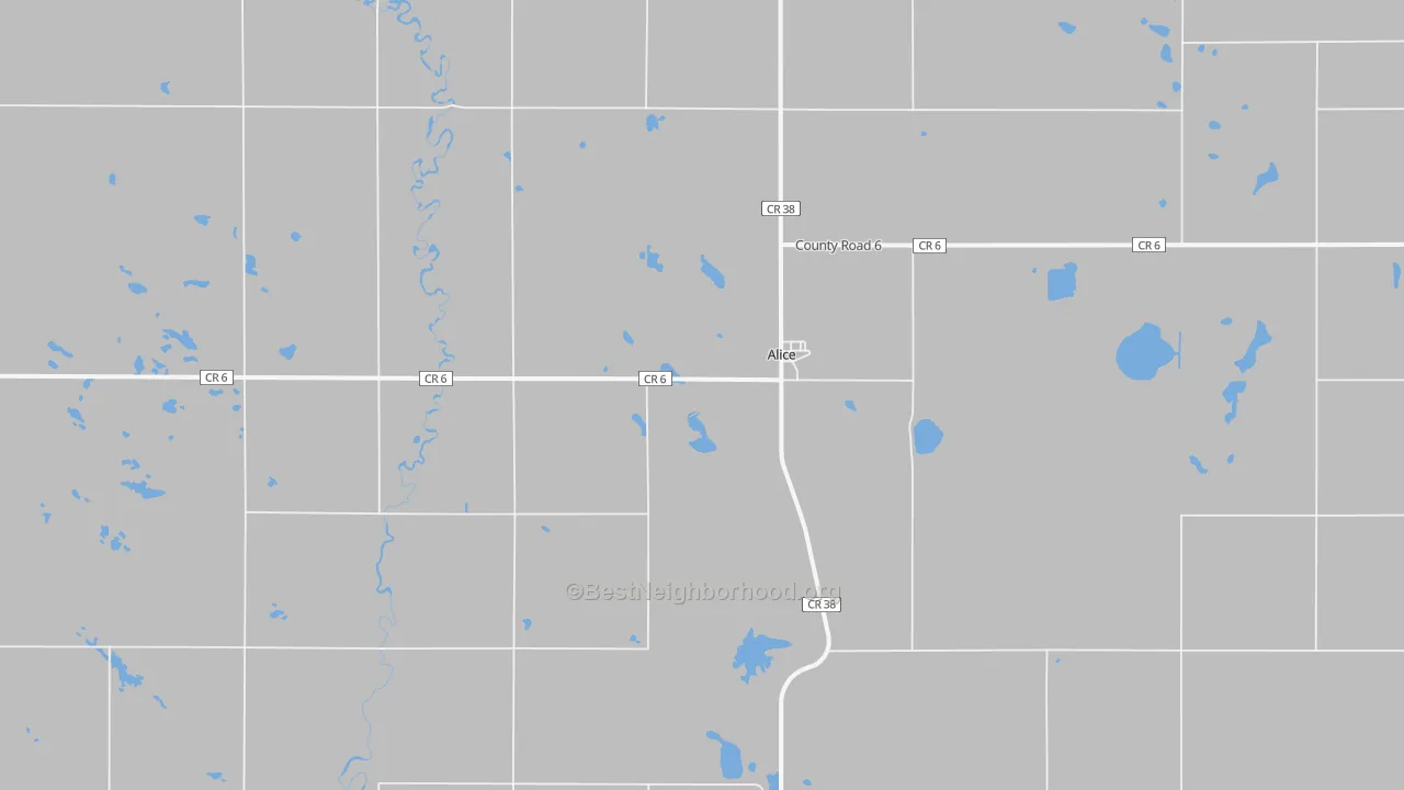 Walk Grade map of Alice, ND, walkable areas in green and car-dependent areas in red