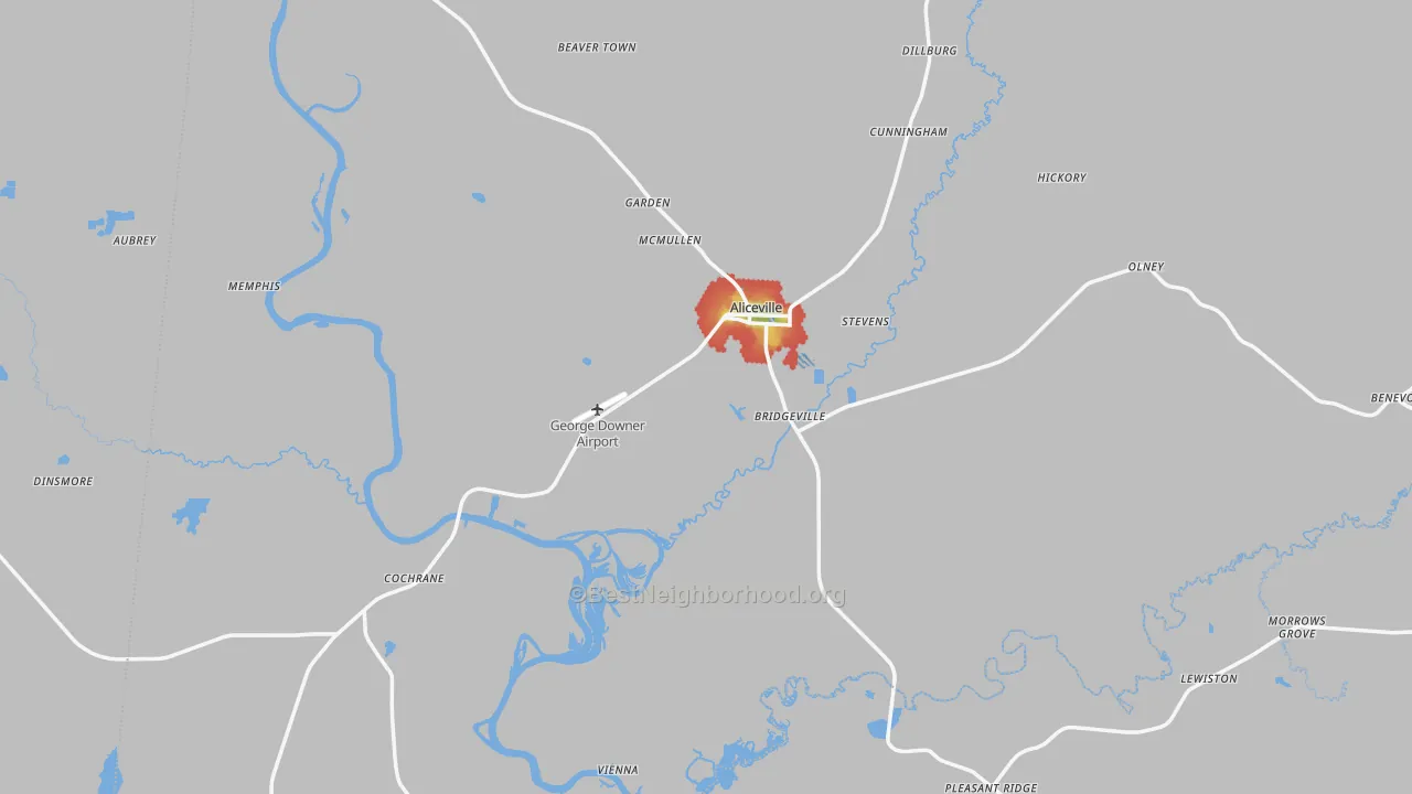 Walk Grade map of Aliceville, AL, walkable areas in green and car-dependent areas in red