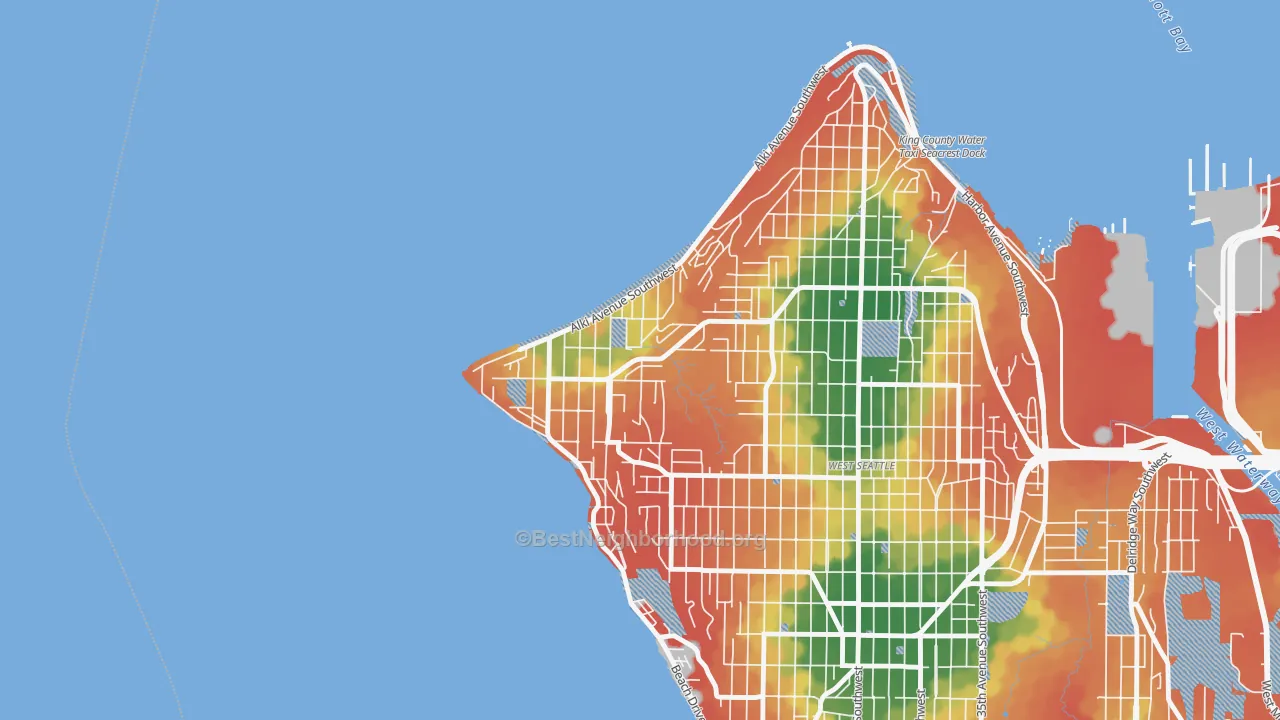 Walk Grade map of Alki, Seattle, WA, walkable areas in green and car-dependent areas in red