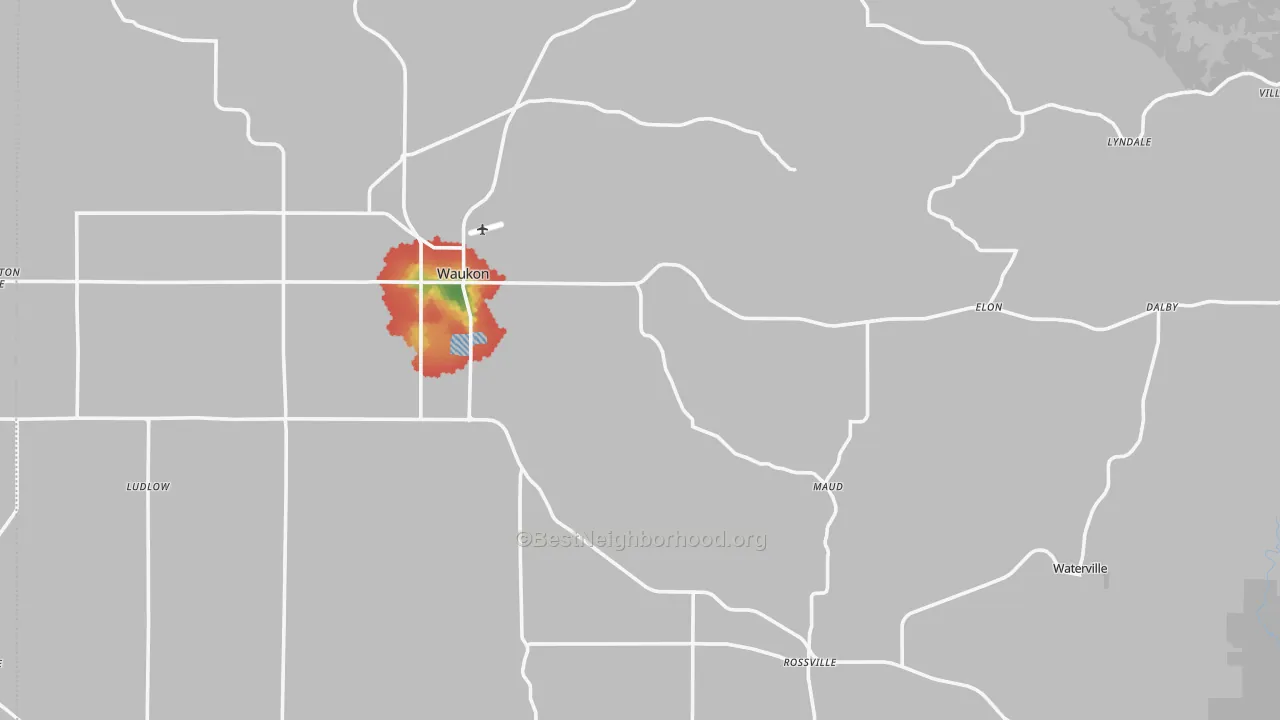 Walk Grade map of Allamakee County, IA, walkable areas in green and car-dependent areas in red