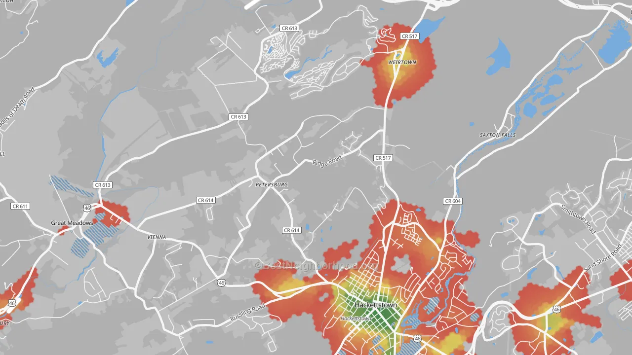 Walk Grade map of Allamuchy, NJ, walkable areas in green and car-dependent areas in red