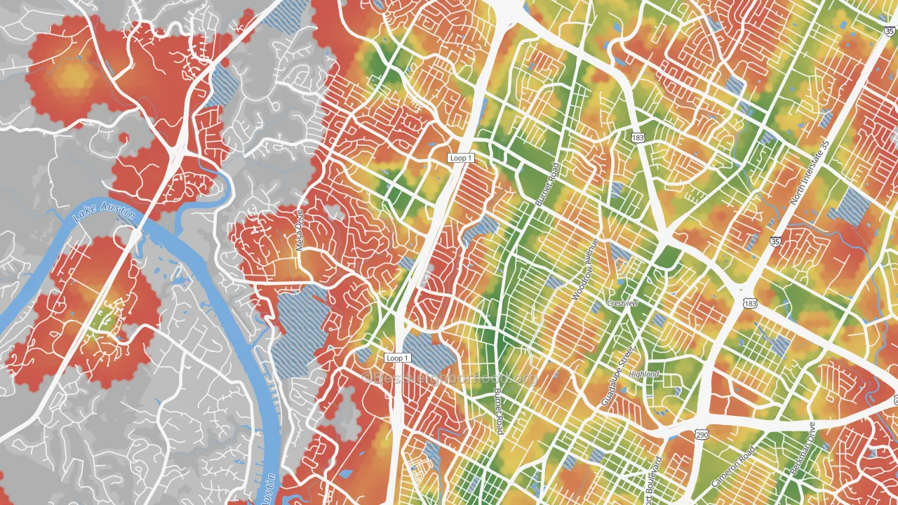 Walk Grade map of Allandale, Austin, TX, walkable areas in green and car-dependent areas in red