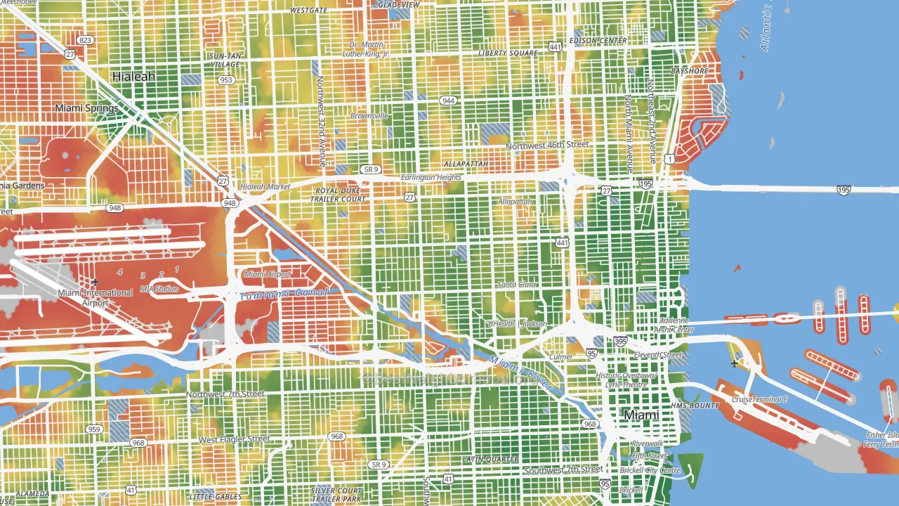 Walk Grade map of Allapattah, Miami, FL, walkable areas in green and car-dependent areas in red
