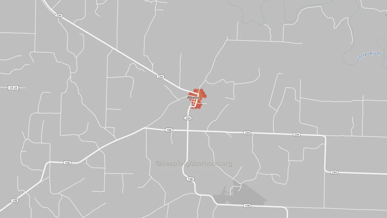 Walk Grade map of Alleene, AR, walkable areas in green and car-dependent areas in red