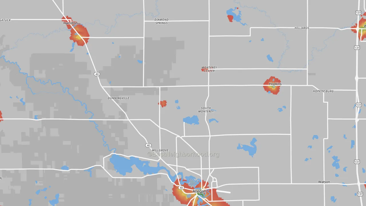 Walk Grade map of Allegan County, MI, walkable areas in green and car-dependent areas in red