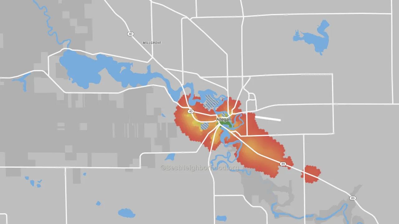 Walk Grade map of Allegan, MI, walkable areas in green and car-dependent areas in red