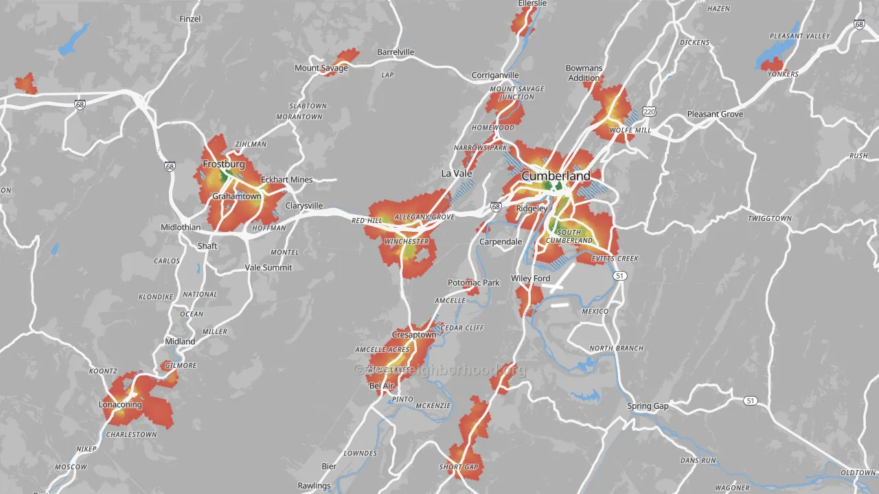 Walk Grade map of Allegany County, MD, walkable areas in green and car-dependent areas in red