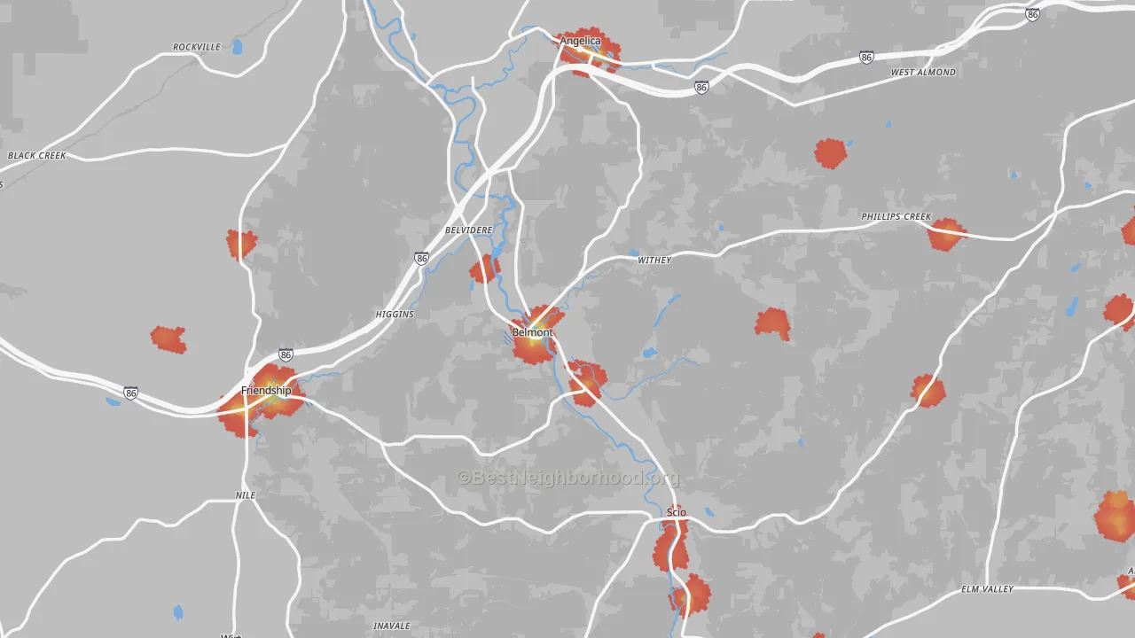 Walk Grade map of Allegany County, NY, walkable areas in green and car-dependent areas in red