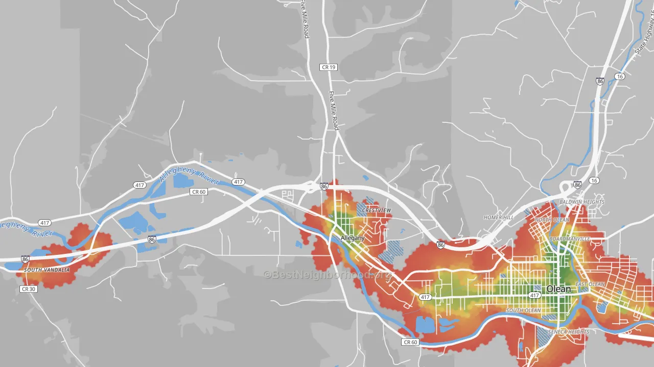 Walk Grade map of Allegany, NY, walkable areas in green and car-dependent areas in red