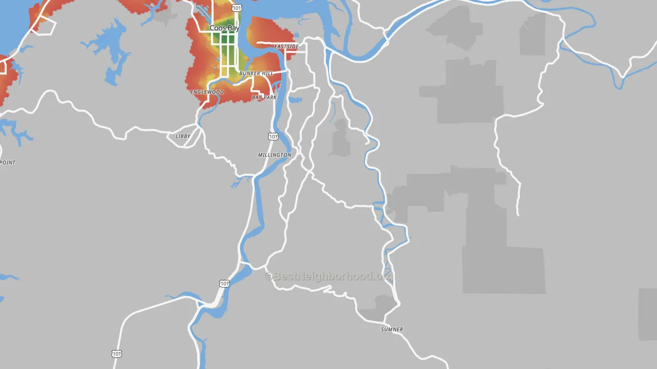 Walk Grade map of Allegany, OR, walkable areas in green and car-dependent areas in red