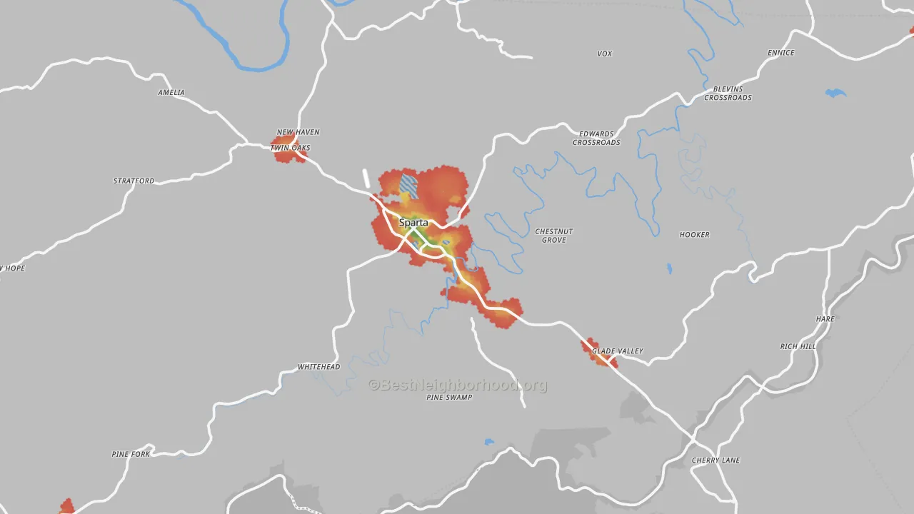 Walk Grade map of Alleghany County, NC, walkable areas in green and car-dependent areas in red