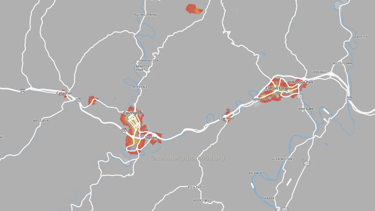 Walk Grade map of Alleghany County, VA, walkable areas in green and car-dependent areas in red