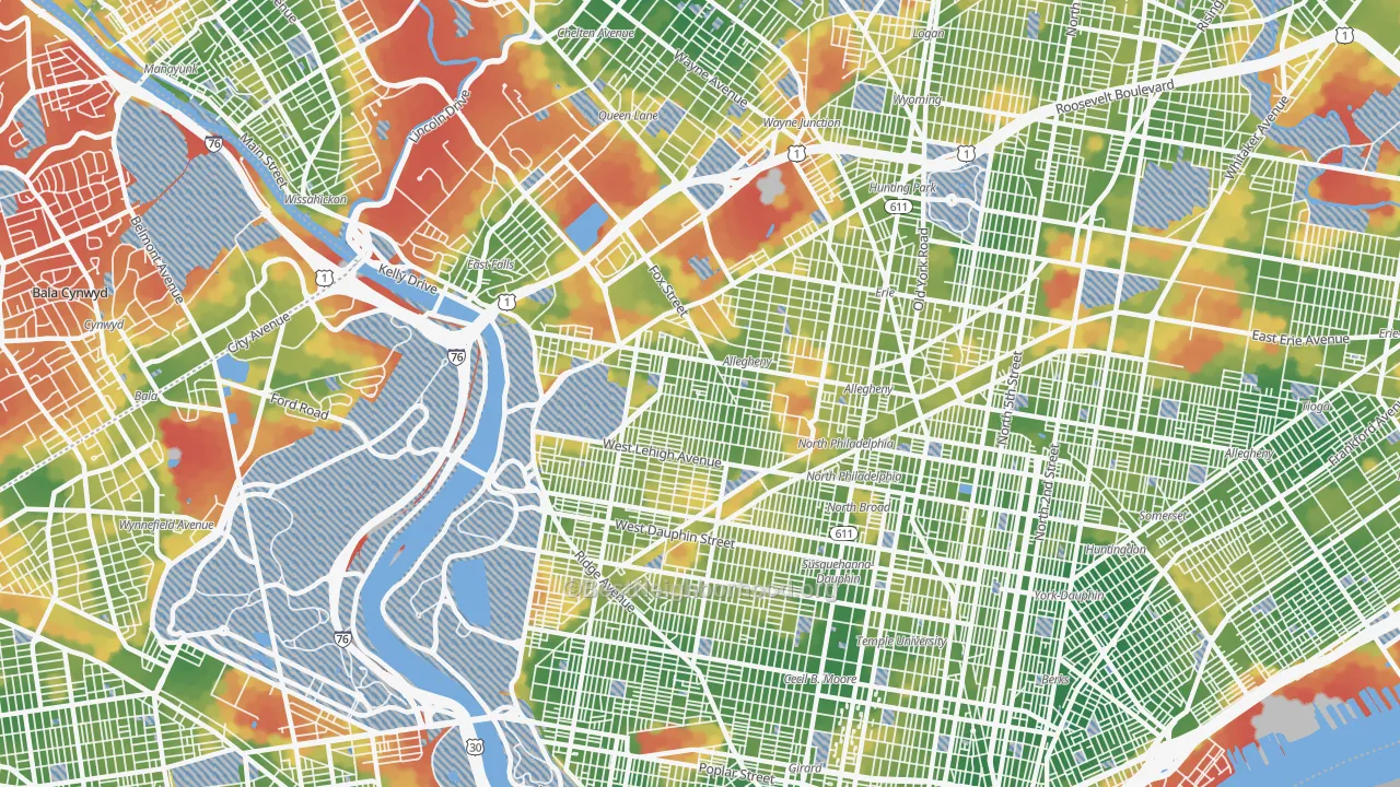 Walk Grade map of Alleghany West, Philadelphia, PA, walkable areas in green and car-dependent areas in red