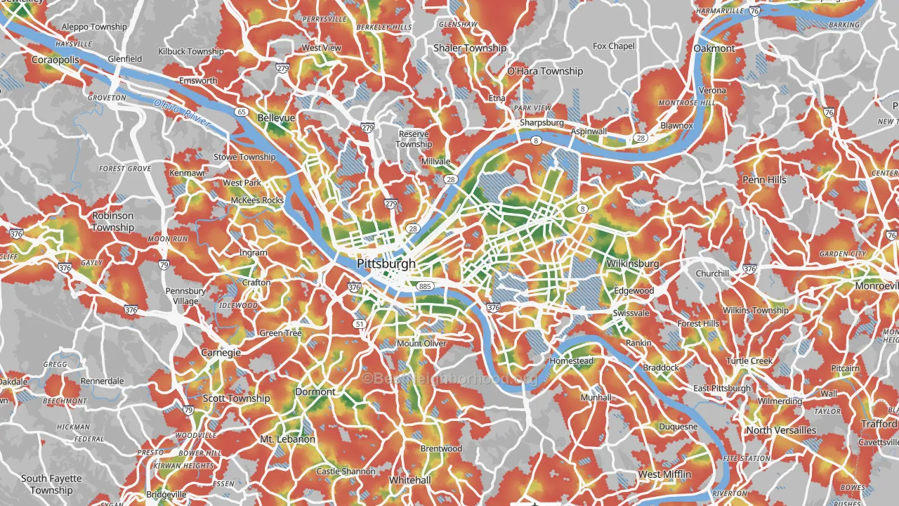 Walk Grade map of Allegheny County, PA, walkable areas in green and car-dependent areas in red