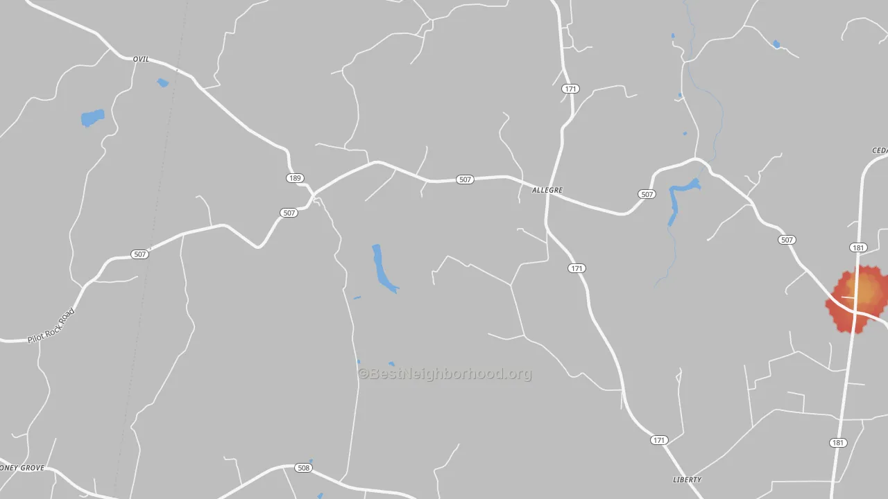 Walk Grade map of Allegre, KY, walkable areas in green and car-dependent areas in red