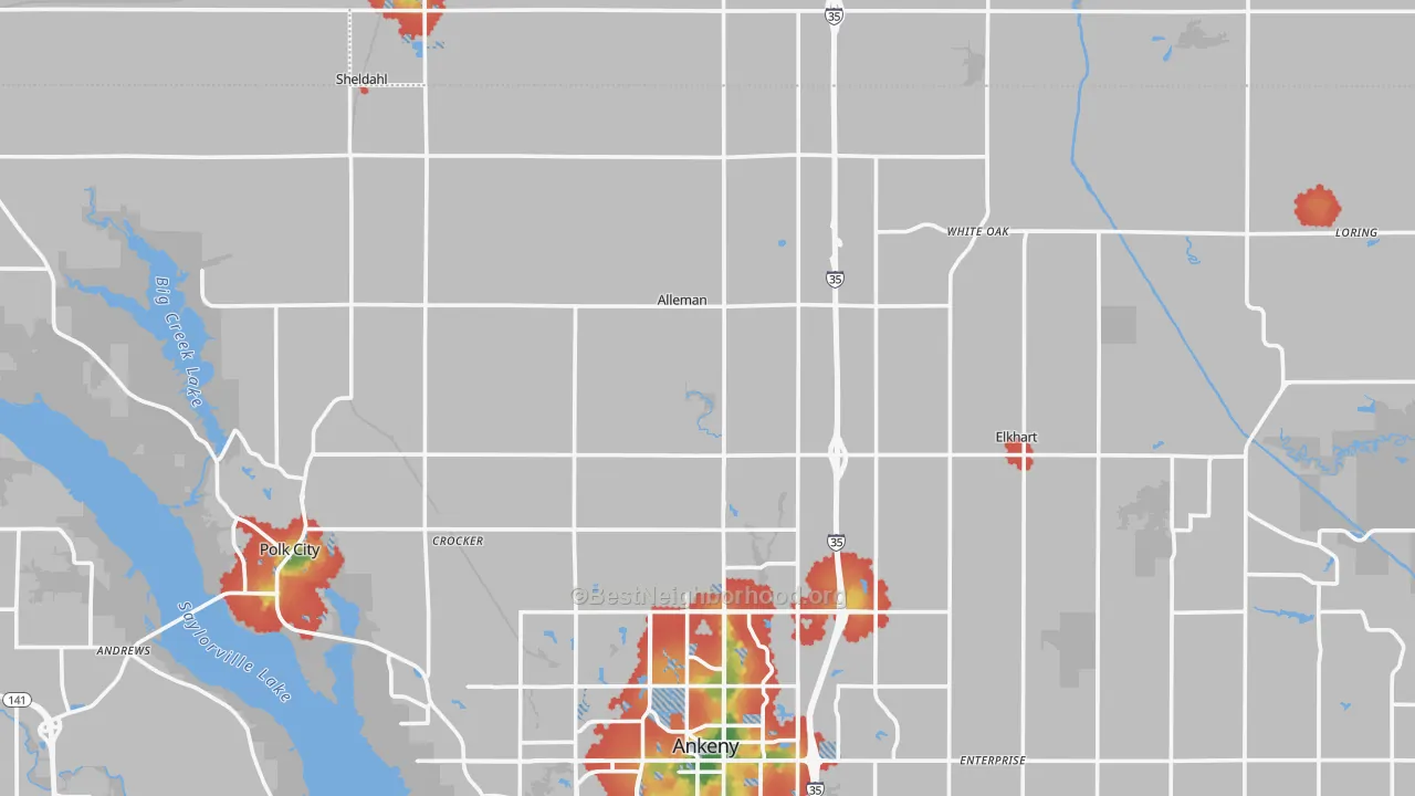 Walk Grade map of Alleman, IA, walkable areas in green and car-dependent areas in red