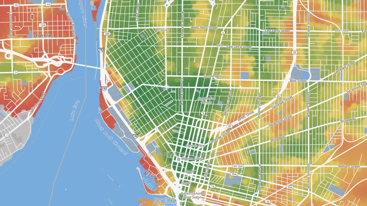 Walk Grade map of Allen, Buffalo, NY, walkable areas in green and car-dependent areas in red