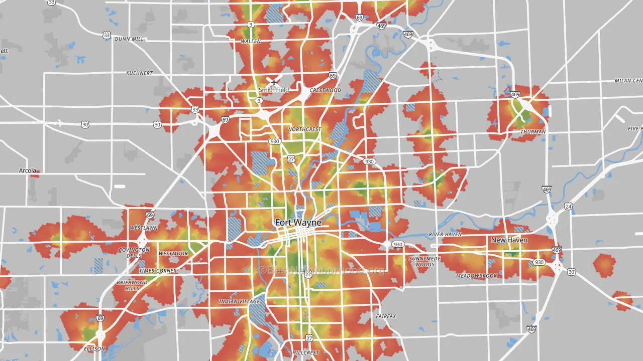 Walk Grade map of Allen County, IN, walkable areas in green and car-dependent areas in red
