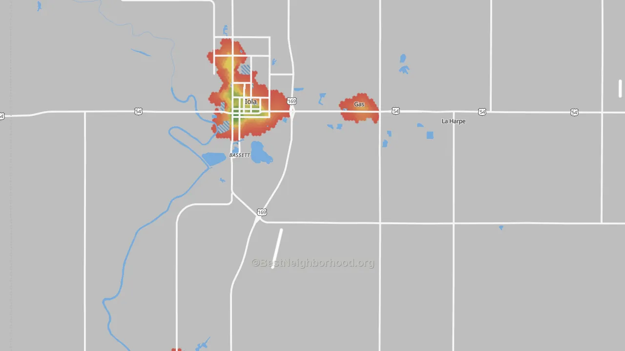 Walk Grade map of Allen County, KS, walkable areas in green and car-dependent areas in red